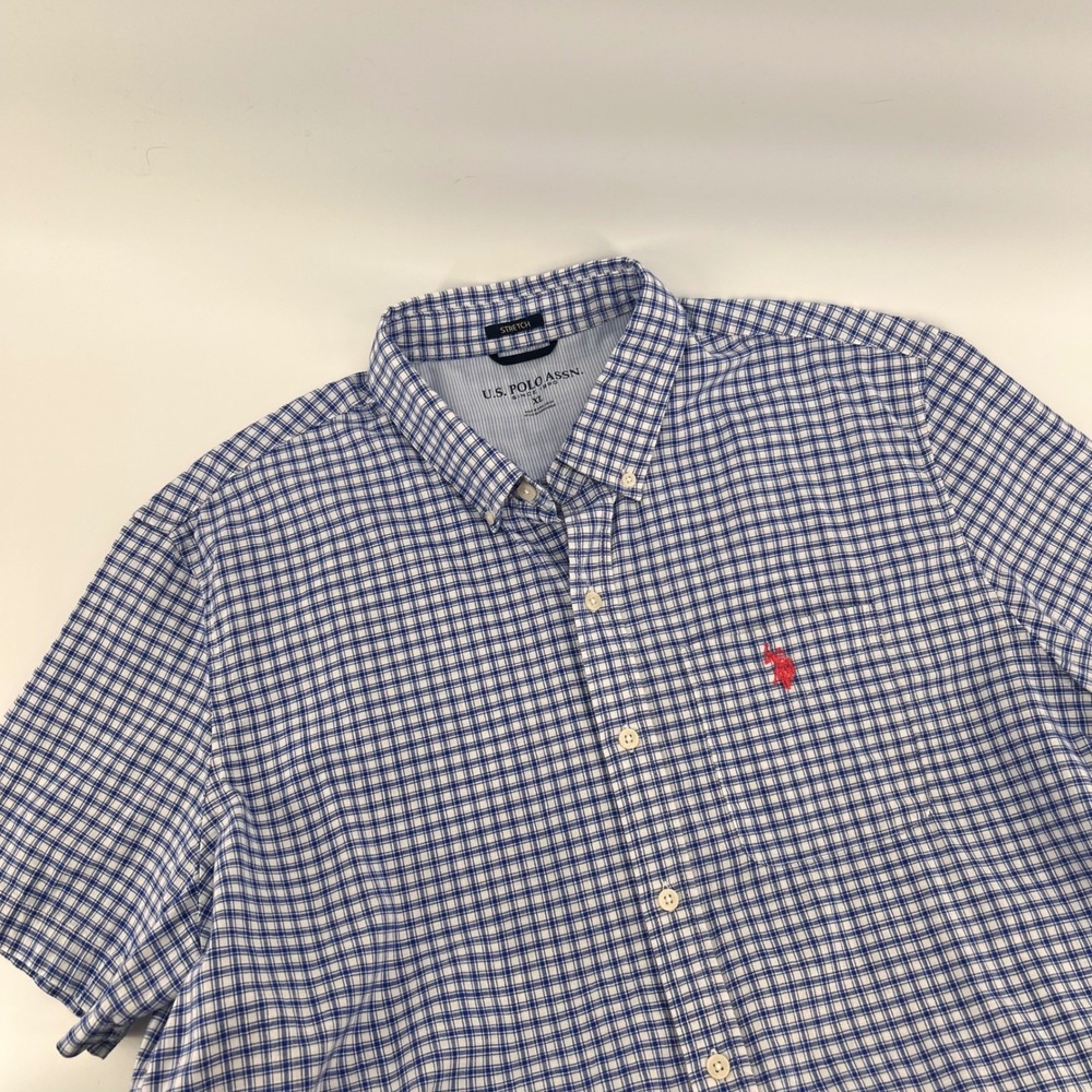 US Polo Assn Shirt Mens XL Cotton Stretch Blue Plaid Short Sleeve Button Down